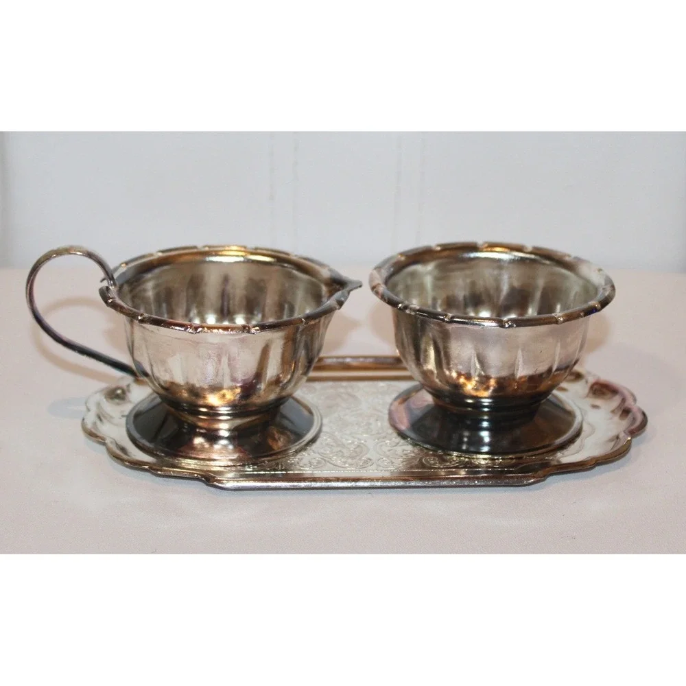 vintage metal cream & sugar bowl set with tray ornate scrollwork 3-pc